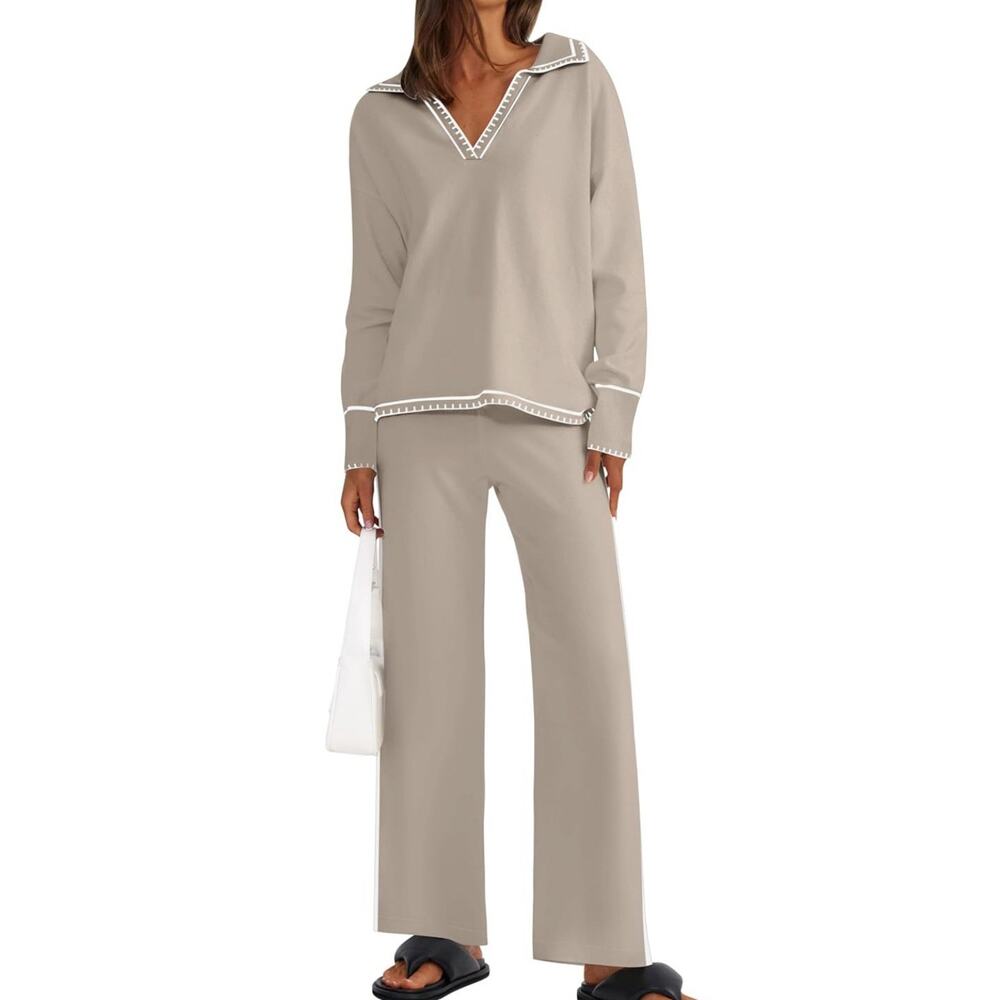 ZESICA Women's 2 Piece Fall Outfit Long Sleeve V Neck Knit Sweater Top & pants - Picture 5 of 13